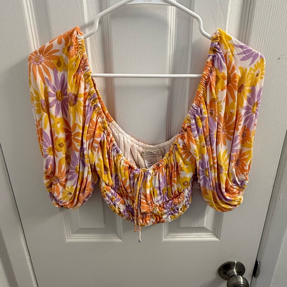 L*Space Orange Yellow Puff Sleeve Ruched Crop Blouse